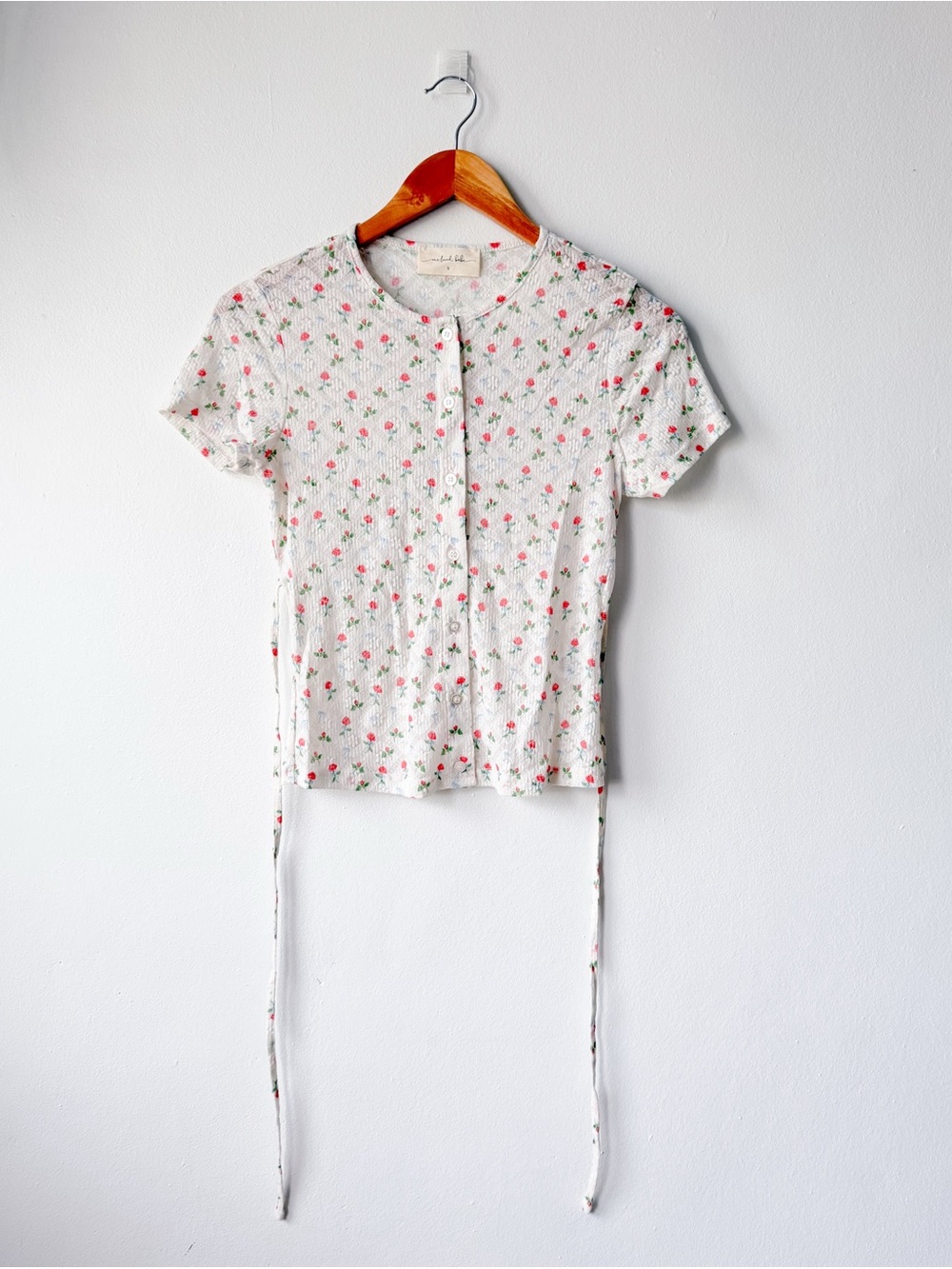 Short-Sleeve Floral Button-Front Blouse in White with Pink Print